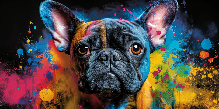 French bulldog in neon colors in a pop art style