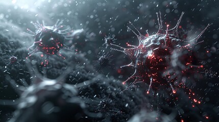 Wall Mural - A 3D vector depiction of an immune response fighting off a pathogen, illustrated in dark tones