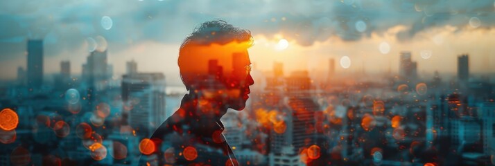 Wall Mural - A surreal double-exposure image blending a man's silhouette with a dramatic cityscape sunset, capturing urban life and contemplation.