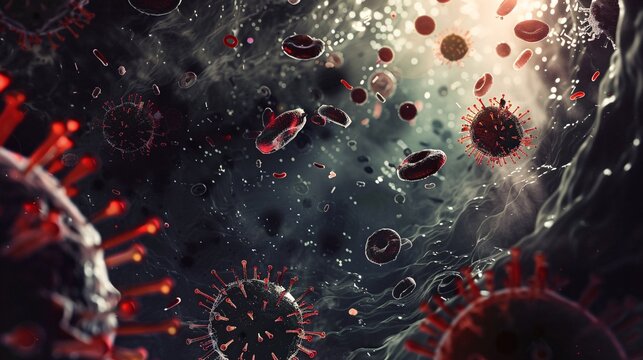 A 3D vector image of pathogenic microbes in the bloodstream, shown in dark tones