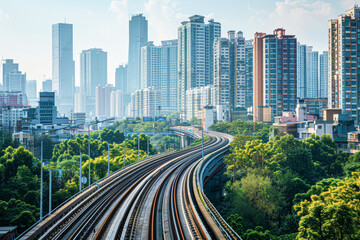 Canvas Print - Futuristic Urban Landscape with Circular Train Track and Modern Infrastructure in Cityscape, Copy Space Available