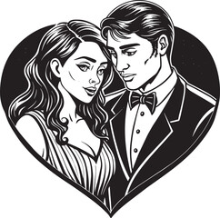 Wall Mural - wedding couple with heart silhouette black and white illustration