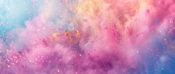 Canvas Print - Colorful powder explosion on a pastel background, with pink, blue, and yellow colors. A glitter splash effect. 