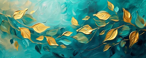 Wall Mural - Abstract turquoise green gold painted oil acrylic painting of floral leaves on canvas, art background wallpaper texture illustration, Generative AI