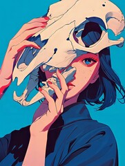 Wall Mural - Girl Take Off Animal Skull Mask in Blue Background