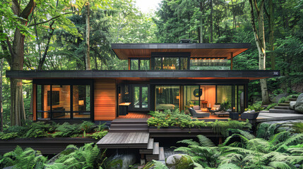 Poster - Tranquil Modern Home in Forest Setting with Copyspace, Perfect Harmony of Architecture and Nature