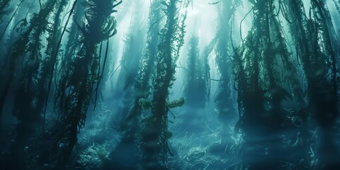 Wall Mural - Mystical underwater forest with tall, kelp-like trees generated by AI