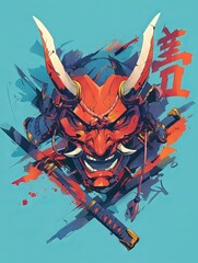 Sticker - Oni Mask Samurai Illustration in Violet Background