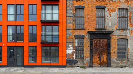 Old vs New, Old or New. A modern orange building with large windows and a door stands next to an old brick building with peeling paint and a large, rusty door