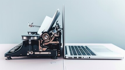 Old vs New, Old or New. A classic typewriter sits next to a modern laptop on a desk, representing the evolution of technology and communication