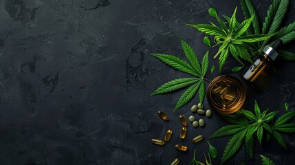 Cannabis leaves, oil bottle, and capsules on dark surface High contrast lighting, topdown view, medicinal theme