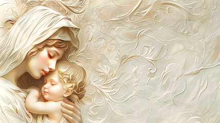 Wall Mural - A close-up image of a sculpture depicting the Virgin Mary holding the baby Jesus. The sculpture is rendered in white, with intricate floral details
