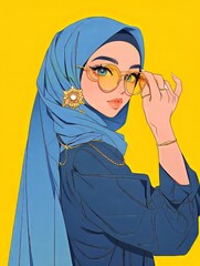 Poster - Illustration of Hijab Girl in Yellow Background