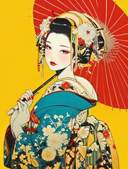 Wall Mural - Geisha with Red Umbrella in Yellow Background