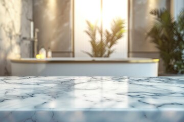 Close up of a marble table top with blur background. Concept of a modern bathroom with bath tube, copy space. Generative Ai