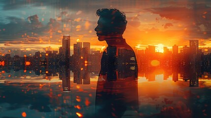 Wall Mural - Double exposure of a thoughtful person and a cityscape at sunset, depicting introspection and urban life.