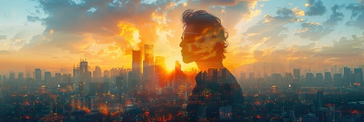Wall Mural - Double exposure of a silhouette over a bustling cityscape at sunset, merging human and urban elements in surreal harmony.