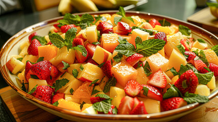 Sticker - A bowl of fruit salad with strawberries, oranges, and melons