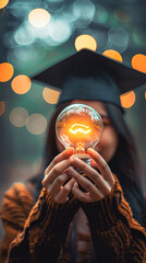 Poster - Bright Ideas in Education Student Holding Light Bulb in Graduation Cap on Academic Background