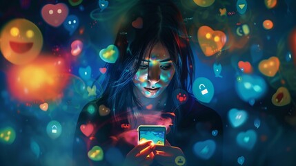 Poster - A woman staring intently at her phone, surrounded by floating reactions and emojis, capturing the essence of overstimulation and social media addiction.