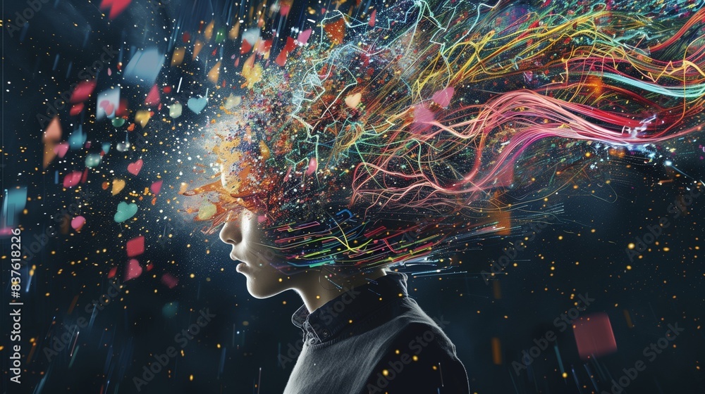Data Overload Exploding A young person with their head exploding into a burst of colorful data ...