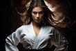© Lubos Chlubny - A beautiful woman in a white kimono and a black belt practices karate