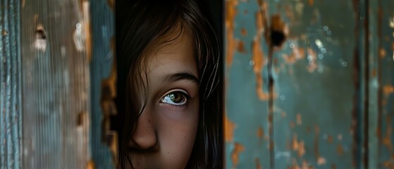 Wall Mural - a girl peeked through the door