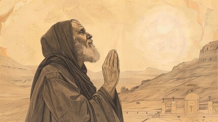 Wall Mural - Devoted Saint Hilarion praying in a desert chapel, piety and devotion, serene desert background, beige background, Biblical Illustration, copyspace