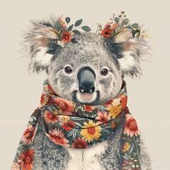 A koala in a floral dress and scarf simple line art