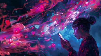 Poster - Illustrate a person in a trance-like state, mesmerized by their phone screen as a stream of likes flows towards them, depicting the addictive nature of social media approval.