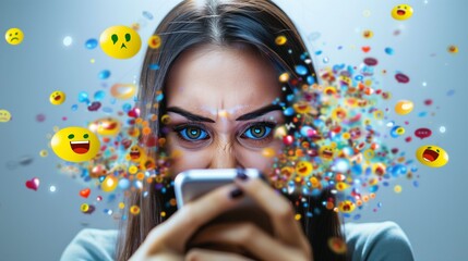 Poster - Show a woman, eyes fixated on her phone, with reactions and emojis bursting out from the screen, symbolizing overstimulation and the attention economy.