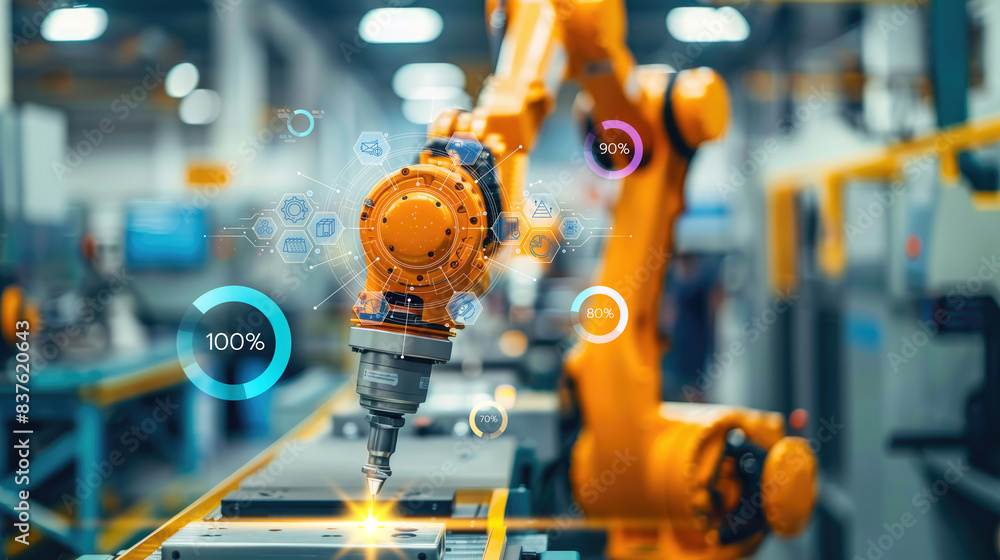 An advanced robotic arm operates in a modern smart factory, with data ...
