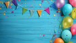 © Divine123victory - Birthday party background with colorful decoration. Decoration birthday flag hanging on blue wooden background. Birthday Balloons and conflict's around the decoration flag.