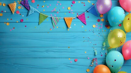 Wall Mural - Birthday party background with colorful decoration. Decoration birthday flag hanging on blue wooden background. Birthday Balloons and conflict's around the decoration flag.