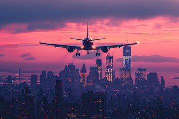 Canvas Print - A large jet is flying over a city with tall buildings