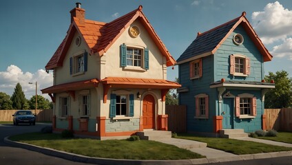 Wall Mural - The nostalgia of childhood with a cartoon house exterior, featuring quirky angles and a quirky mailbox ai_generated