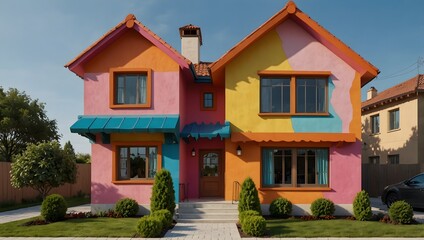 Wall Mural - The whimsical charm of a cartoon house exterior, with vibrant colors and exaggerated features bringing the facade to life ai_generated