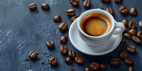 Poster - Aromatic Espresso in a White Cup Surrounded by Roasted Coffee Beans on a Dark Wooden Table