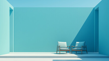 Wall Mural - Modern interior blue wall with two chairs, outdoor living