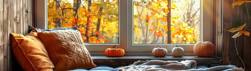 Sticker - Cozy Autumn Reading Nook Surrounded by Warm Fall Decor and Scenic Landscape Through Window