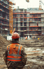 Wall Mural - Construction worker inspecting a site, wearing safety gear, urban development, with copyspace --ar 9:16 --style raw --stylize 200 Job ID: 11591d88-86be-46ee-85b4-e244824d201e