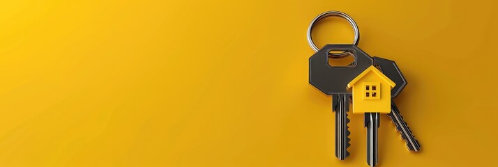 House keys with a small yellow house keychain on a bright yellow background, representing real estate concepts and home ownership.