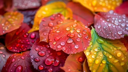 Wall Mural - Close-up of vibrant fall leaves with raindrops,