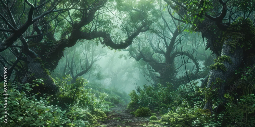 Gnarled Tree Mist Mystical Forest: Create a mystical landscape shrouded in mist, with ...
