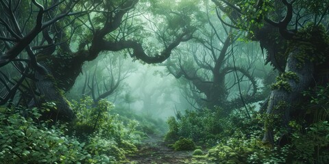 Wall Mural - Mystical Forest: Create a mystical landscape shrouded in mist, with gnarled trees, winding paths, and hidden glades, inviting viewers to explore the depths of imagination and wonder. 