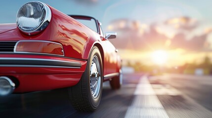 Wall Mural -  A red car drives down a road The sun shines on its headlights, illuminating their bright glow The front end of the car is highlighted, while the blurry background shows