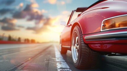 Poster -  A red sports car, in focus, cruises down the road Sunset casts long shadows behind, orange and pink hues painting the sky above Clouds scatter the horizon, overl