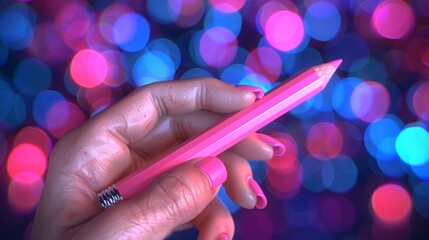 Wall Mural -  A woman's hand holds a pink pen in front of a colorful bouquet of lights in a dark room The pen's tip sports a black ring