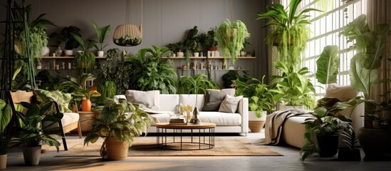 Living room interior with green ornamental plants and natural concept sofa