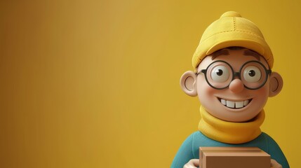 Wall Mural -  A cartoon character wears a yellow hat and glasses, holds a brown box smiling, donning a blue shirt, and a yellow scarf around his neck